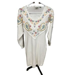 Styleworks Vintage 80s Cream Embroidered Long Sleeve Sweater Dress Size‎ M